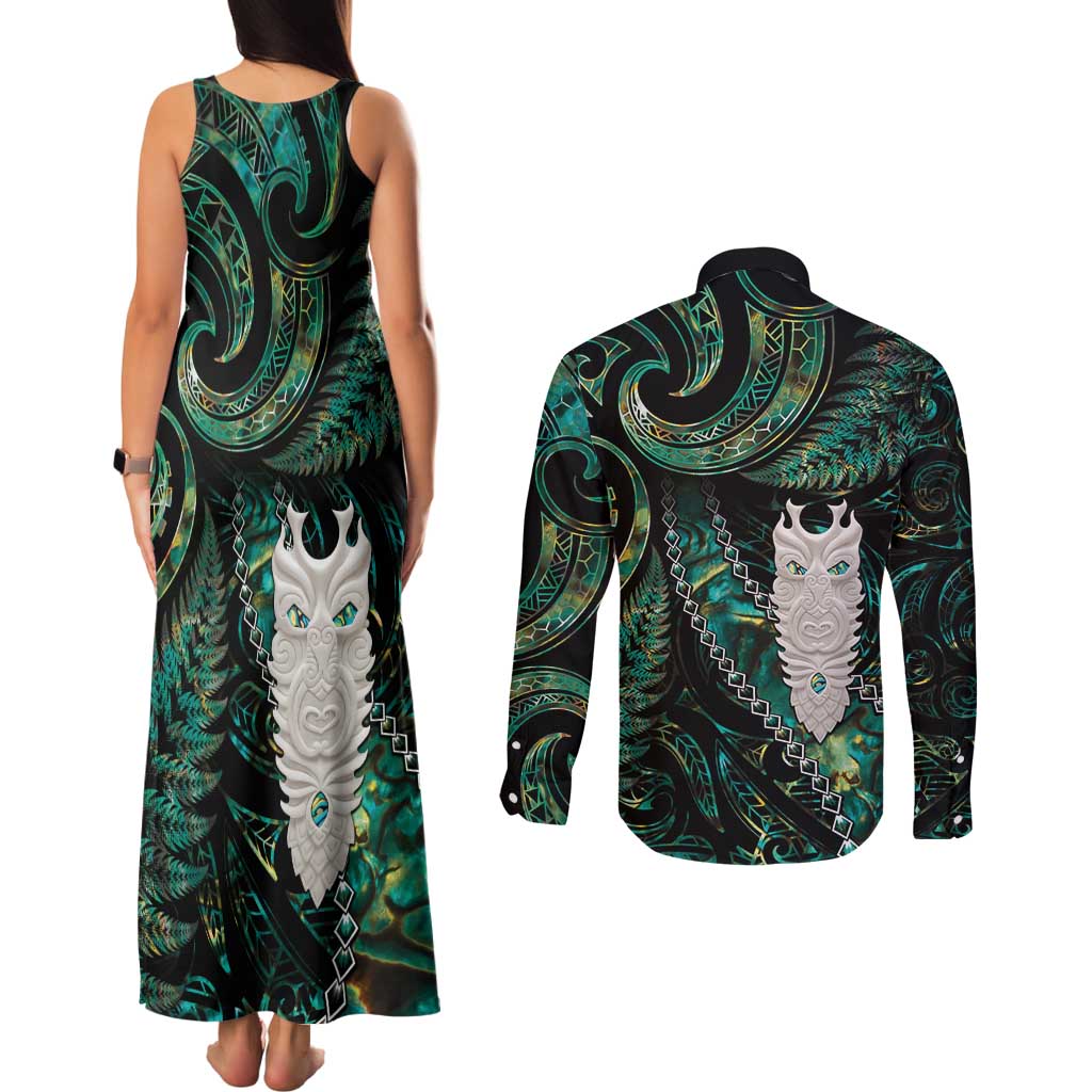 New Zealand Aotearoa Couples Matching Tank Maxi Dress and Long Sleeve Button Shirt Maori Tane Te Waiora Paua Shell Glitter Green