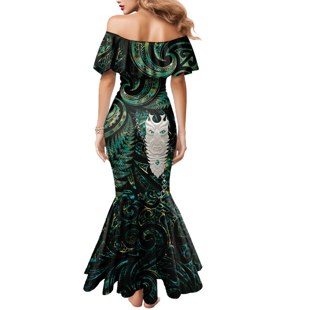 New Zealand Aotearoa Family Matching Mermaid Dress and Hawaiian Shirt Maori Tane Te Waiora Paua Shell Glitter Green