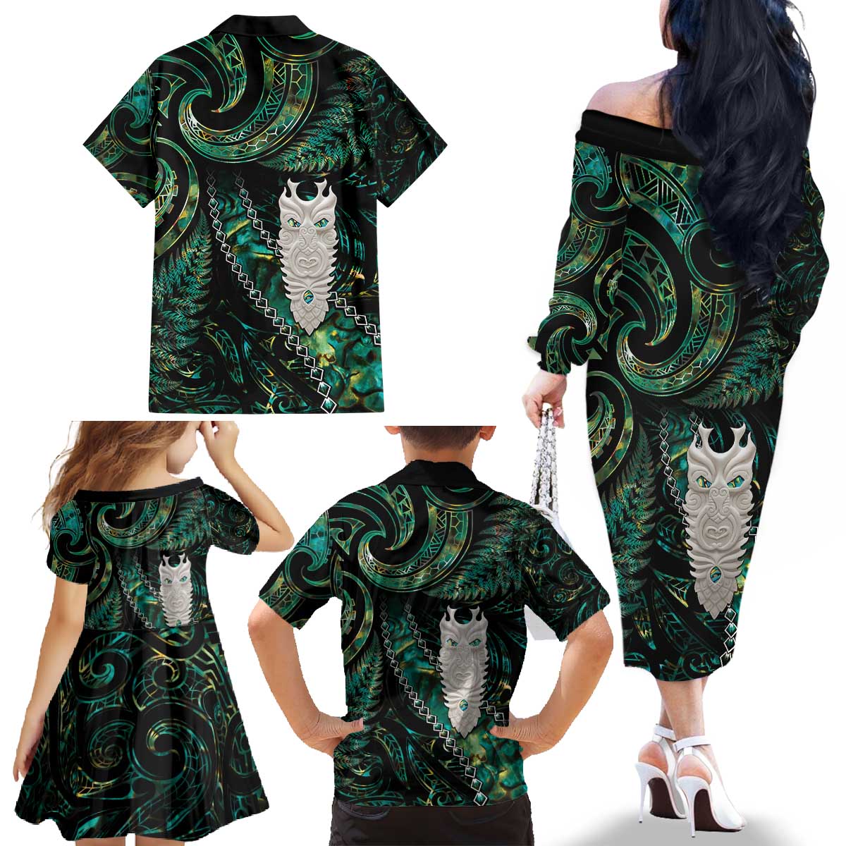 New Zealand Aotearoa Family Matching Off The Shoulder Long Sleeve Dress and Hawaiian Shirt Maori Tane Te Waiora Paua Shell Glitter Green