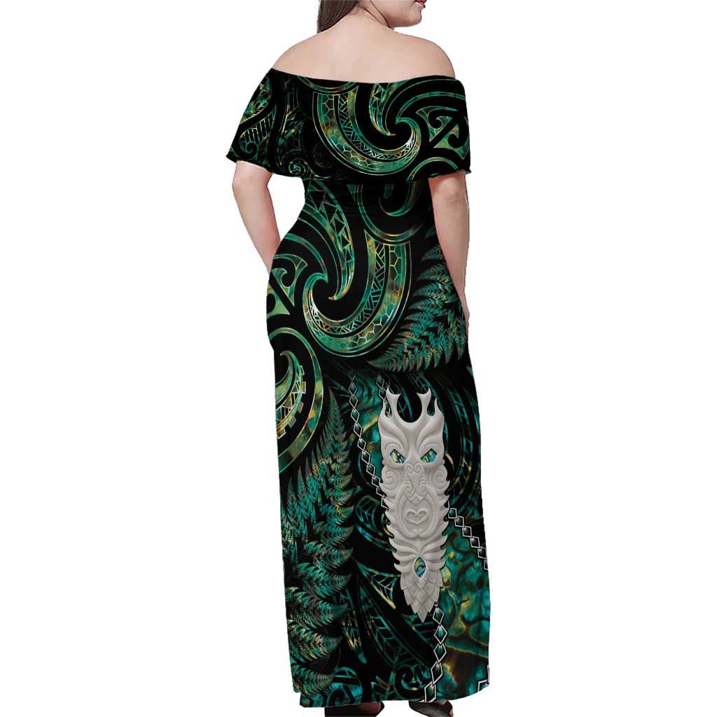 New Zealand Aotearoa Family Matching Off Shoulder Maxi Dress and Hawaiian Shirt Maori Tane Te Waiora Paua Shell Glitter Green