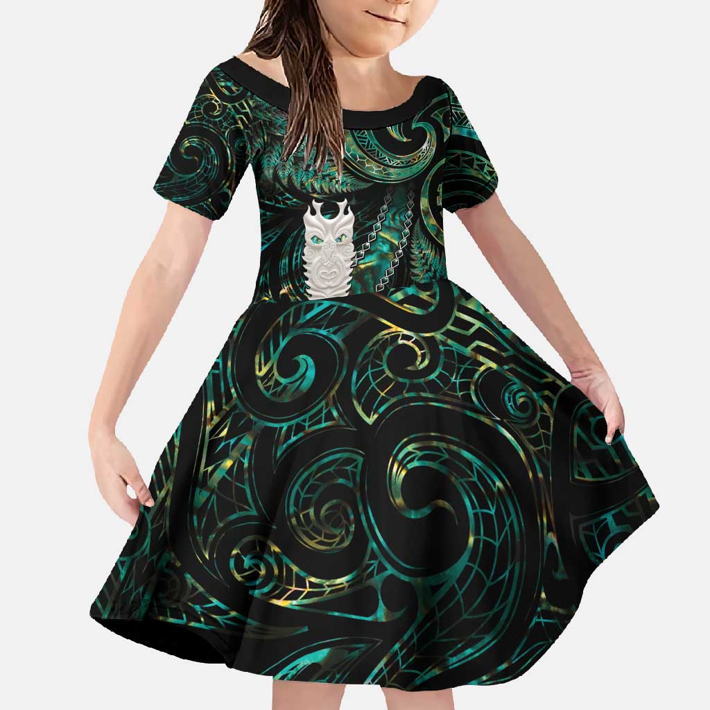 New Zealand Aotearoa Family Matching Tank Maxi Dress and Hawaiian Shirt Maori Tane Te Waiora Paua Shell Glitter Green LT05 Daughter's Dress Green - Polynesian Pride