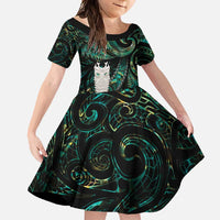 New Zealand Aotearoa Family Matching Tank Maxi Dress and Hawaiian Shirt Maori Tane Te Waiora Paua Shell Glitter Green LT05 Daughter's Dress Green - Polynesian Pride