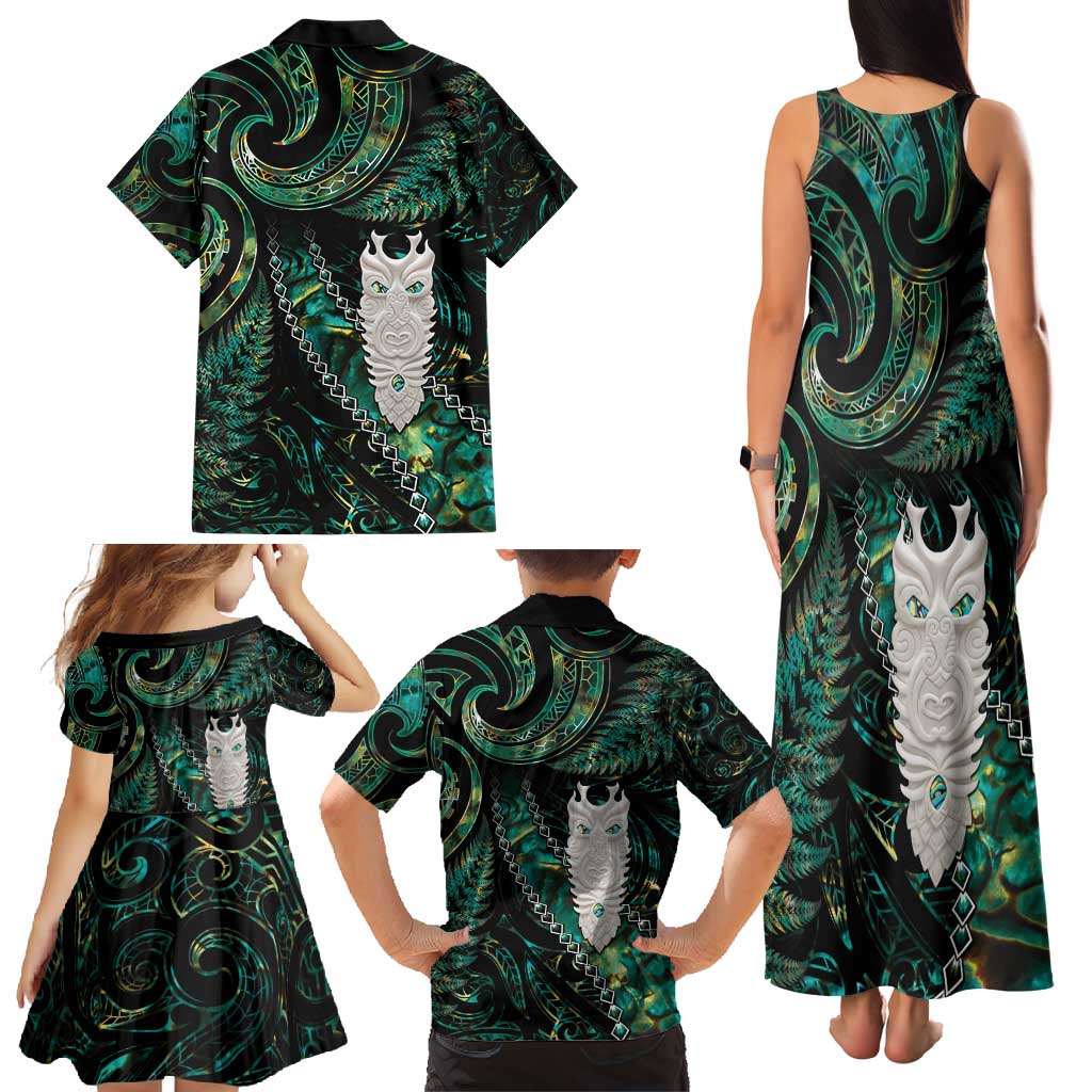 New Zealand Aotearoa Family Matching Tank Maxi Dress and Hawaiian Shirt Maori Tane Te Waiora Paua Shell Glitter Green LT05 - Polynesian Pride