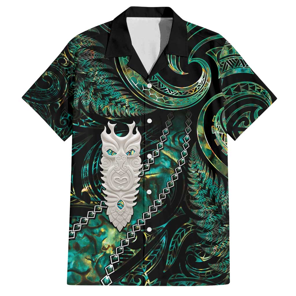 New Zealand Aotearoa Family Matching Tank Maxi Dress and Hawaiian Shirt Maori Tane Te Waiora Paua Shell Glitter Green LT05 Dad's Shirt - Short Sleeve Green - Polynesian Pride