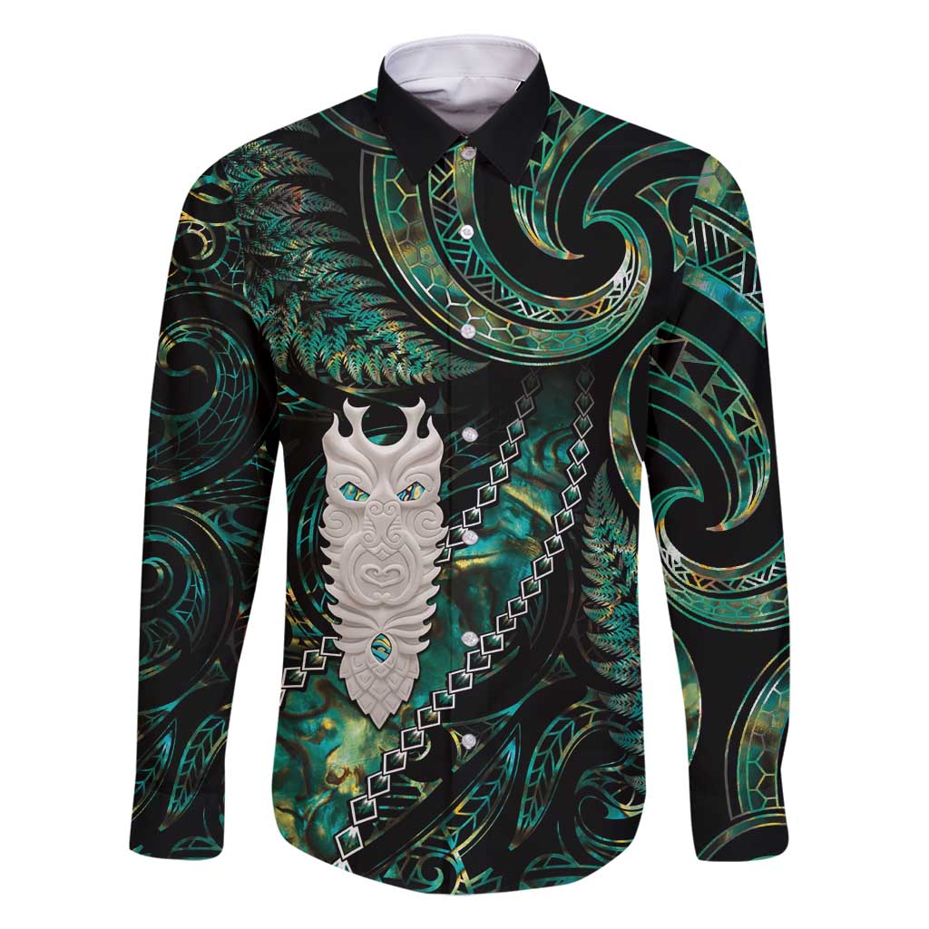 New Zealand Aotearoa Family Matching Tank Maxi Dress and Hawaiian Shirt Maori Tane Te Waiora Paua Shell Glitter Green LT05 Dad's Shirt - Long Sleeve Green - Polynesian Pride