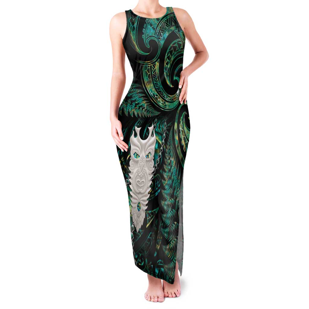 New Zealand Aotearoa Family Matching Tank Maxi Dress and Hawaiian Shirt Maori Tane Te Waiora Paua Shell Glitter Green LT05 Mom's Dress Green - Polynesian Pride