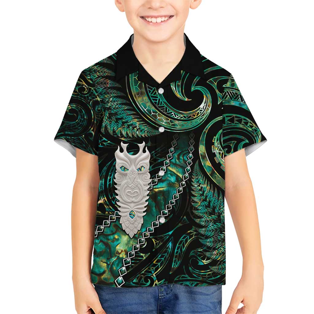 New Zealand Aotearoa Family Matching Tank Maxi Dress and Hawaiian Shirt Maori Tane Te Waiora Paua Shell Glitter Green LT05 Son's Shirt Green - Polynesian Pride