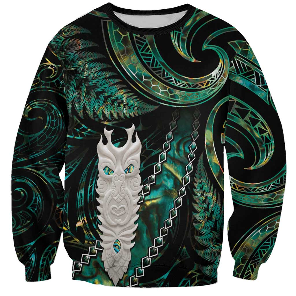 New Zealand Aotearoa Sweatshirt Maori Tane Te Waiora Paua Shell Glitter Green LT05 Unisex Green - Polynesian Pride