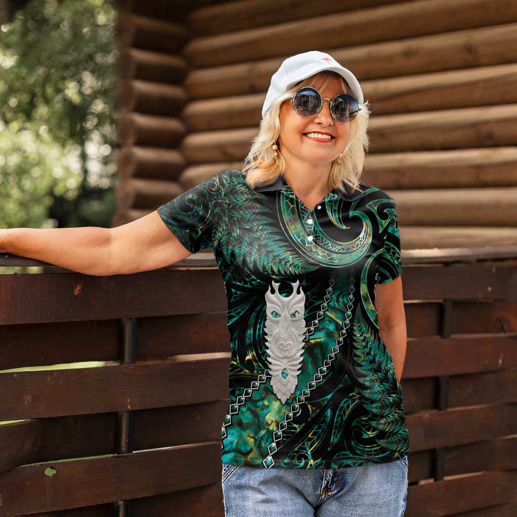 New Zealand Aotearoa Women Polo Shirt Maori Tane Te Waiora Paua Shell Glitter Green