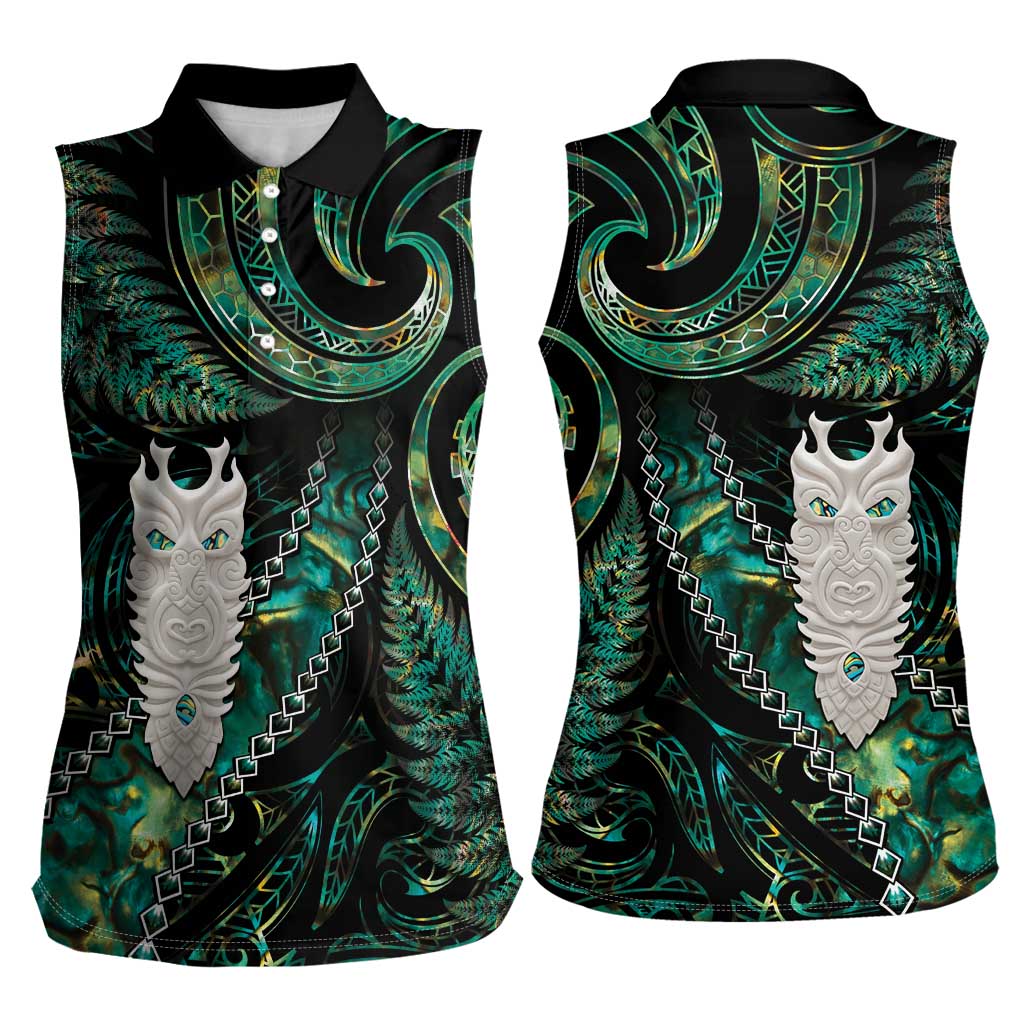 New Zealand Aotearoa Women Sleeveless Polo Shirt Maori Tane Te Waiora Paua Shell Glitter Green