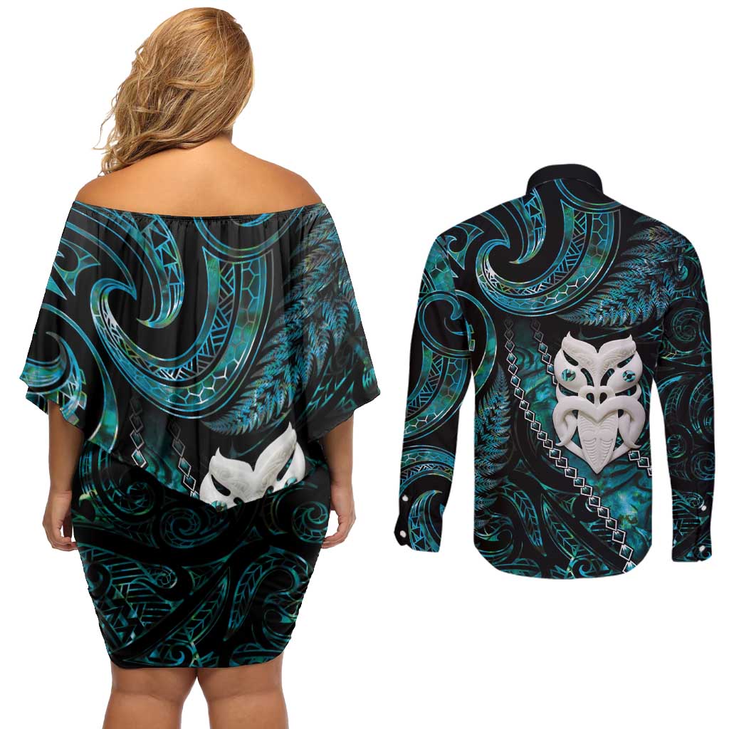 New Zealand Aotearoa Couples Matching Off Shoulder Short Dress and Long Sleeve Button Shirt Maori Wheku Paua Shell Glitter Turquoise