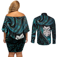 New Zealand Aotearoa Couples Matching Off Shoulder Short Dress and Long Sleeve Button Shirt Maori Wheku Paua Shell Glitter Turquoise