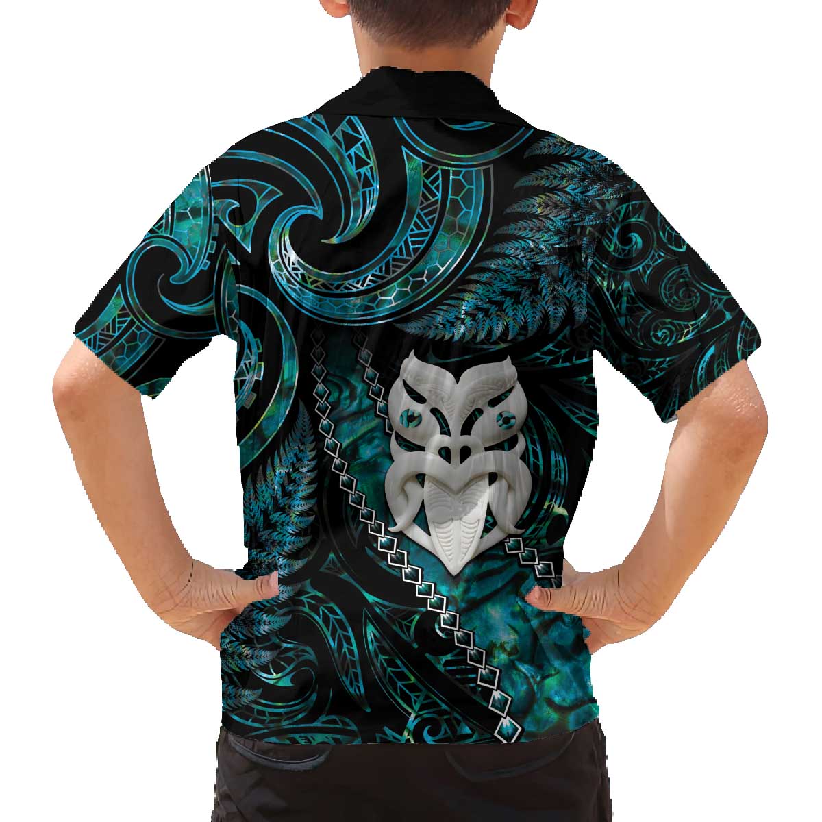 New Zealand Aotearoa Family Matching Off Shoulder Short Dress and Hawaiian Shirt Maori Wheku Paua Shell Glitter Turquoise