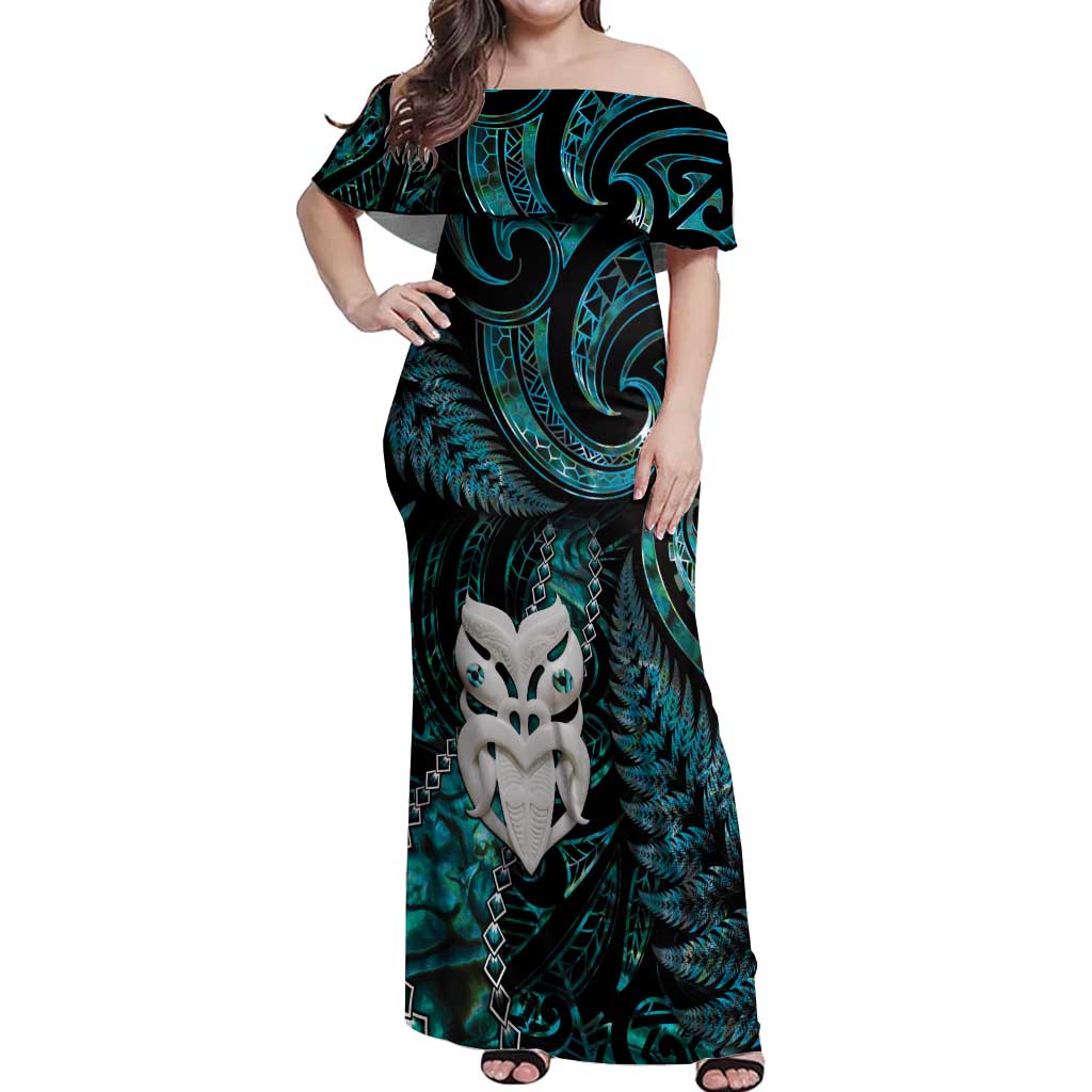 New Zealand Aotearoa Off Shoulder Maxi Dress Maori Wheku Paua Shell Glitter Turquoise LT05 Women Turquoise - Polynesian Pride