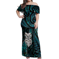 New Zealand Aotearoa Off Shoulder Maxi Dress Maori Wheku Paua Shell Glitter Turquoise LT05 Women Turquoise - Polynesian Pride