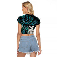 New Zealand Aotearoa Raglan Cropped T Shirt Maori Wheku Paua Shell Glitter Turquoise LT05 - Polynesian Pride