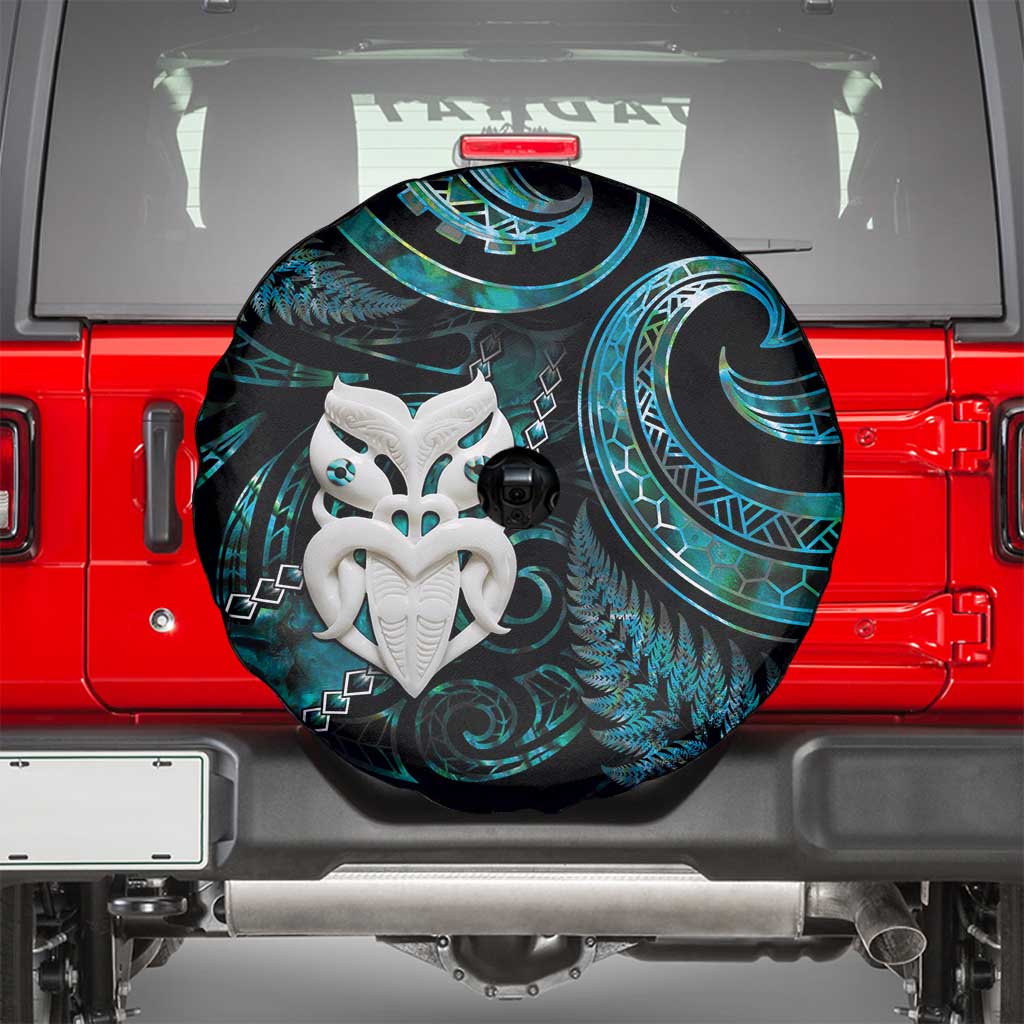 New Zealand Aotearoa Spare Tire Cover Maori Wheku Paua Shell Glitter Turquoise LT05 - Polynesian Pride