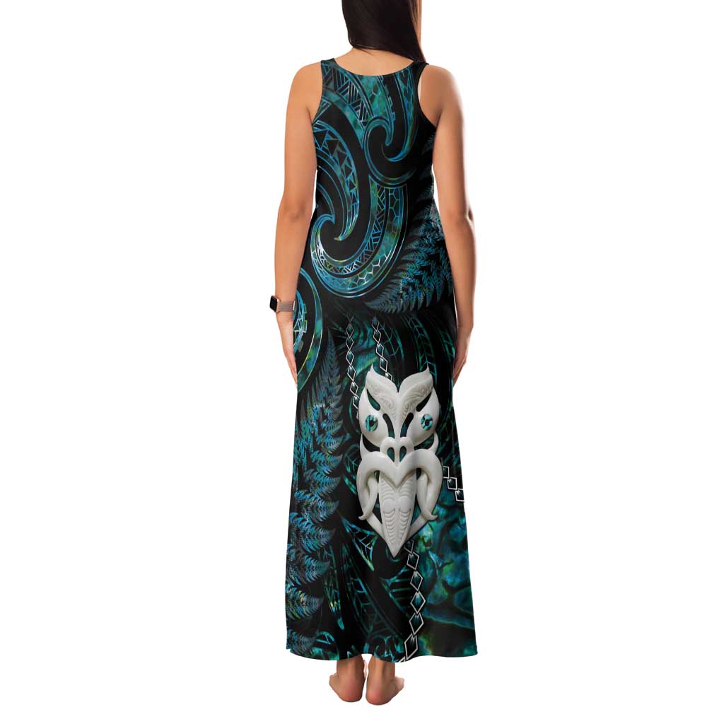 New Zealand Aotearoa Tank Maxi Dress Maori Wheku Paua Shell Glitter Turquoise