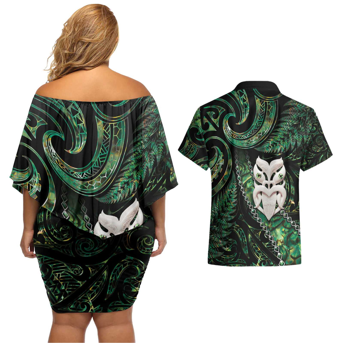 New Zealand Aotearoa Couples Matching Off Shoulder Short Dress and Hawaiian Shirt Maori Wheku Paua Shell Glitter Green