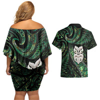 New Zealand Aotearoa Couples Matching Off Shoulder Short Dress and Hawaiian Shirt Maori Wheku Paua Shell Glitter Green