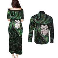 New Zealand Aotearoa Couples Matching Puletasi and Long Sleeve Button Shirt Maori Wheku Paua Shell Glitter Green