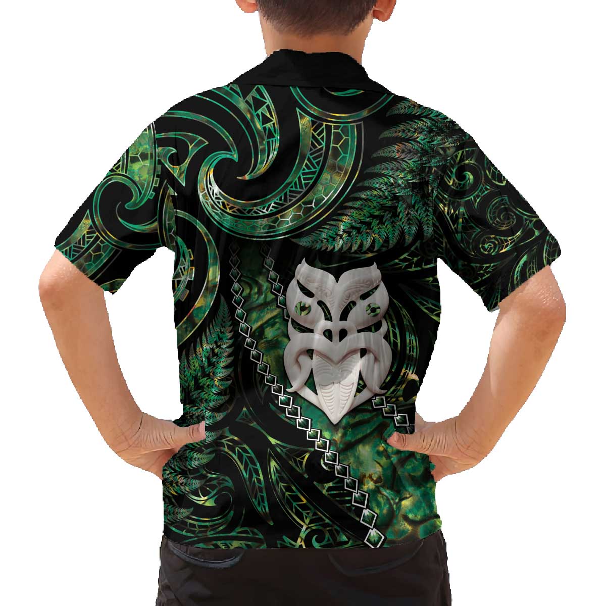 New Zealand Aotearoa Family Matching Off Shoulder Short Dress and Hawaiian Shirt Maori Wheku Paua Shell Glitter Green