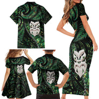 New Zealand Aotearoa Family Matching Short Sleeve Bodycon Dress and Hawaiian Shirt Maori Wheku Paua Shell Glitter Green