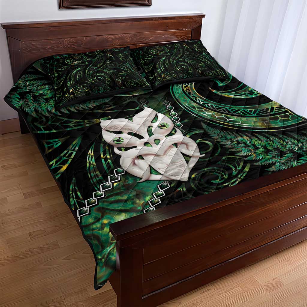 New Zealand Aotearoa Quilt Bed Set Maori Wheku Paua Shell Glitter Green