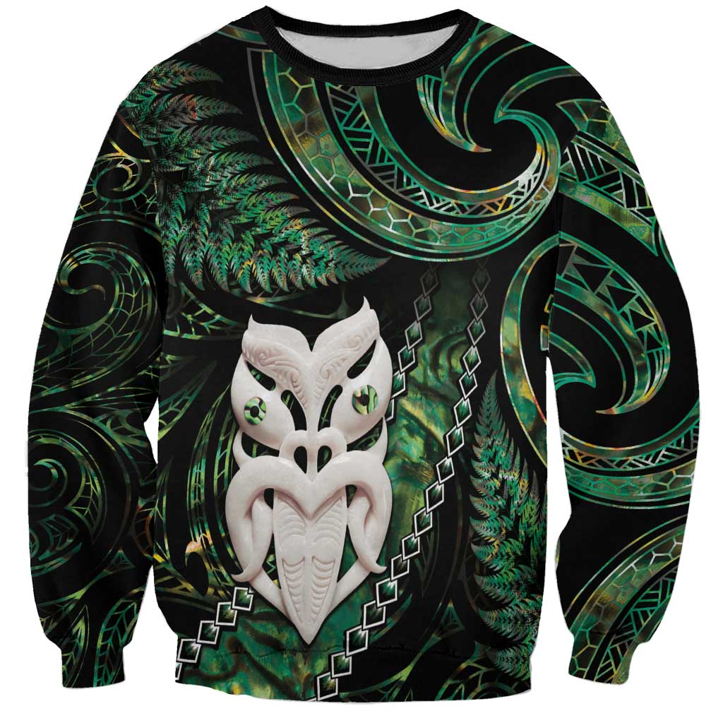 New Zealand Aotearoa Sweatshirt Maori Wheku Paua Shell Glitter Green LT05 Unisex Green - Polynesian Pride