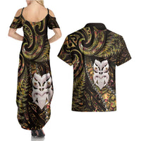 New Zealand Aotearoa Couples Matching Summer Maxi Dress and Hawaiian Shirt Maori Wheku Paua Shell Glitter Gold