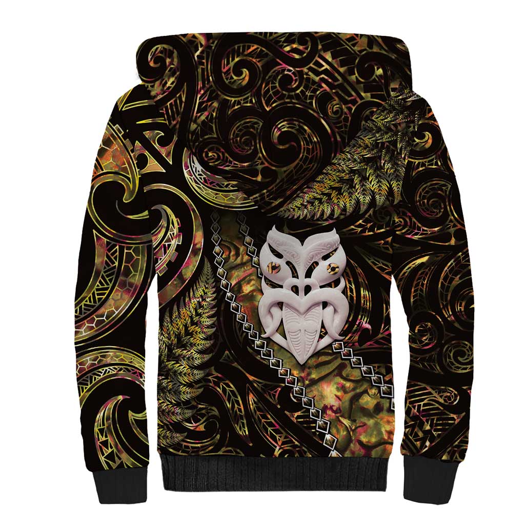 New Zealand Aotearoa Sherpa Hoodie Maori Wheku Paua Shell Glitter Gold