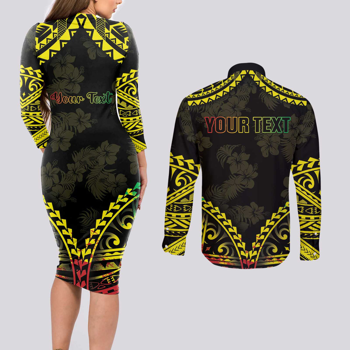 Aloha Tropical Palm Trees Couples Matching Long Sleeve Bodycon Dress and Long Sleeve Button Shirt Reggae Polynesian Pattern