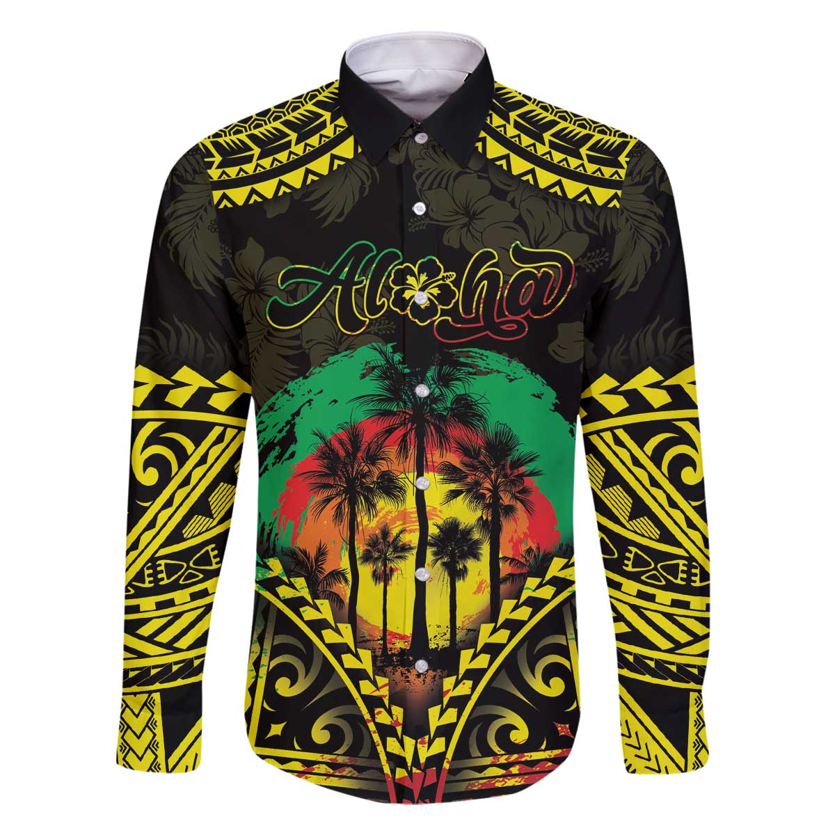 Aloha Tropical Palm Trees Family Matching Off The Shoulder Long Sleeve Dress and Hawaiian Shirt Reggae Polynesian Pattern