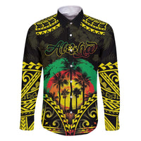 Aloha Tropical Palm Trees Family Matching Off The Shoulder Long Sleeve Dress and Hawaiian Shirt Reggae Polynesian Pattern