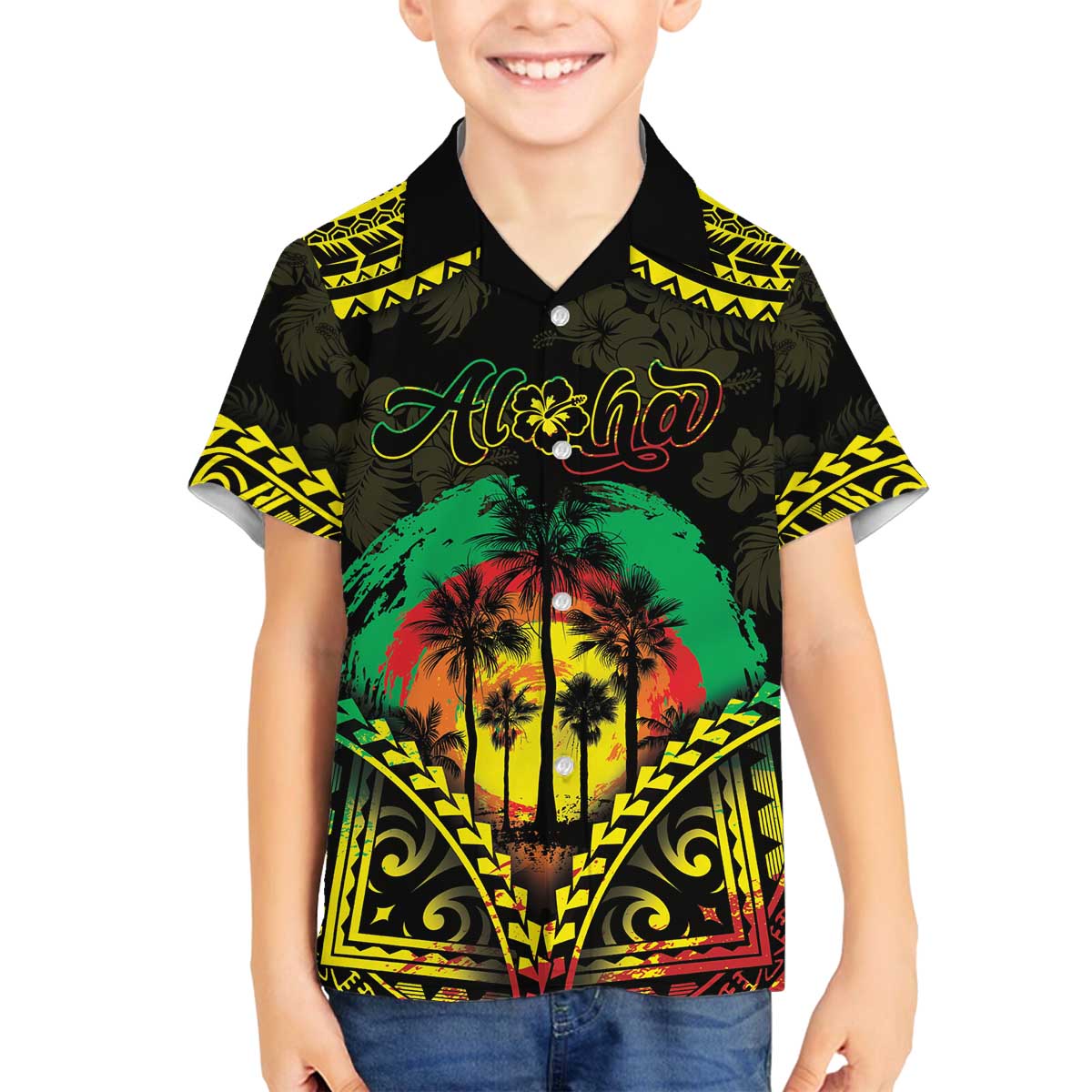 Aloha Tropical Palm Trees Family Matching Puletasi and Hawaiian Shirt Reggae Polynesian Pattern
