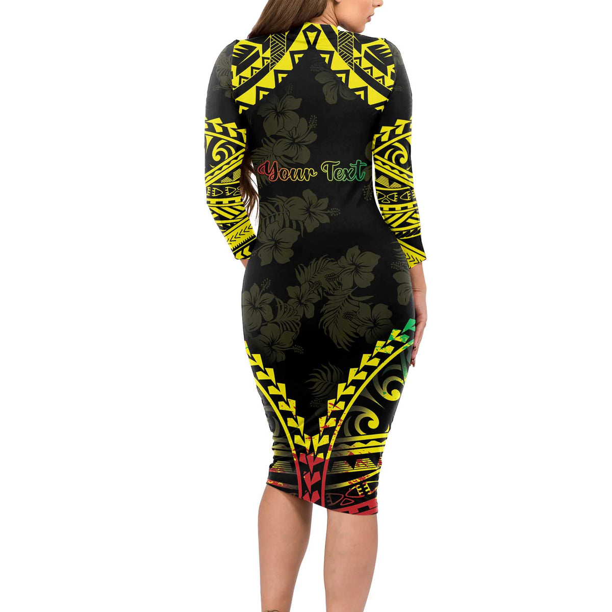 Aloha Tropical Palm Trees Long Sleeve Bodycon Dress Reggae Polynesian Pattern