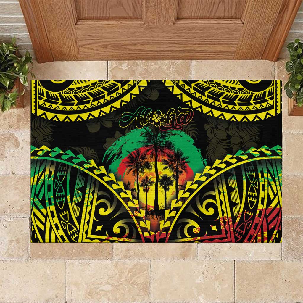 Aloha Tropical Palm Trees Rubber Doormat Reggae Polynesian Pattern