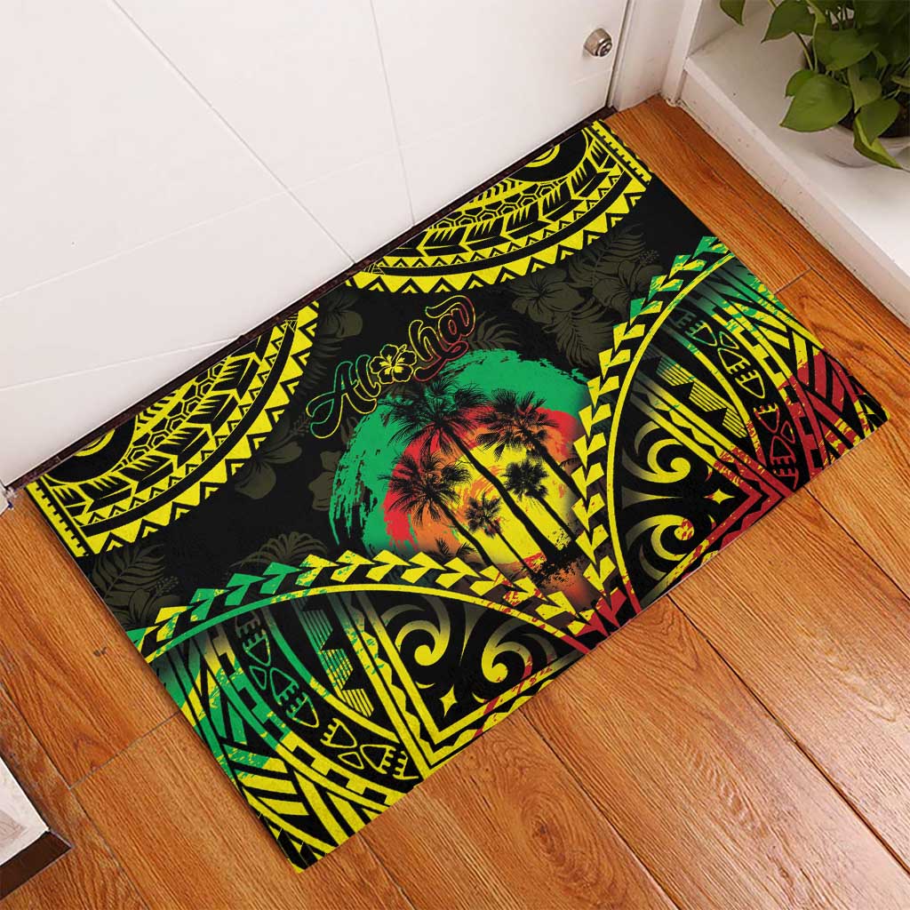 Aloha Tropical Palm Trees Rubber Doormat Reggae Polynesian Pattern