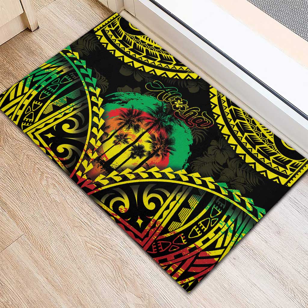 Aloha Tropical Palm Trees Rubber Doormat Reggae Polynesian Pattern