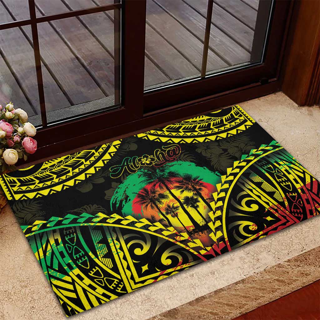 Aloha Tropical Palm Trees Rubber Doormat Reggae Polynesian Pattern