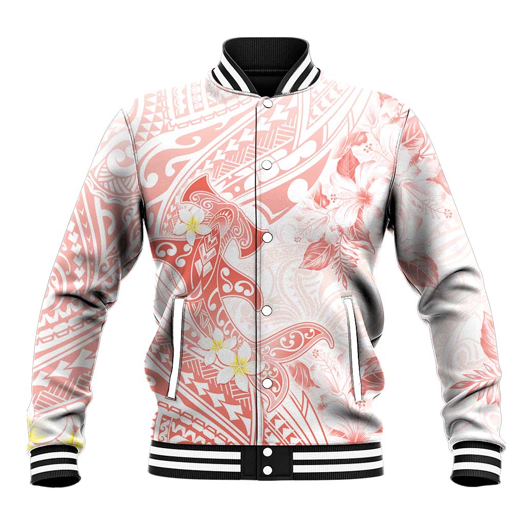 Polynesia Hammerhead Shark Baseball Jacket Tropical Flowers Tribal Pattern Peach