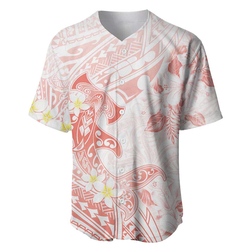Polynesia Hammerhead Shark Baseball Jersey Tropical Flowers Tribal Pattern Peach LT05 Peach - Polynesian Pride