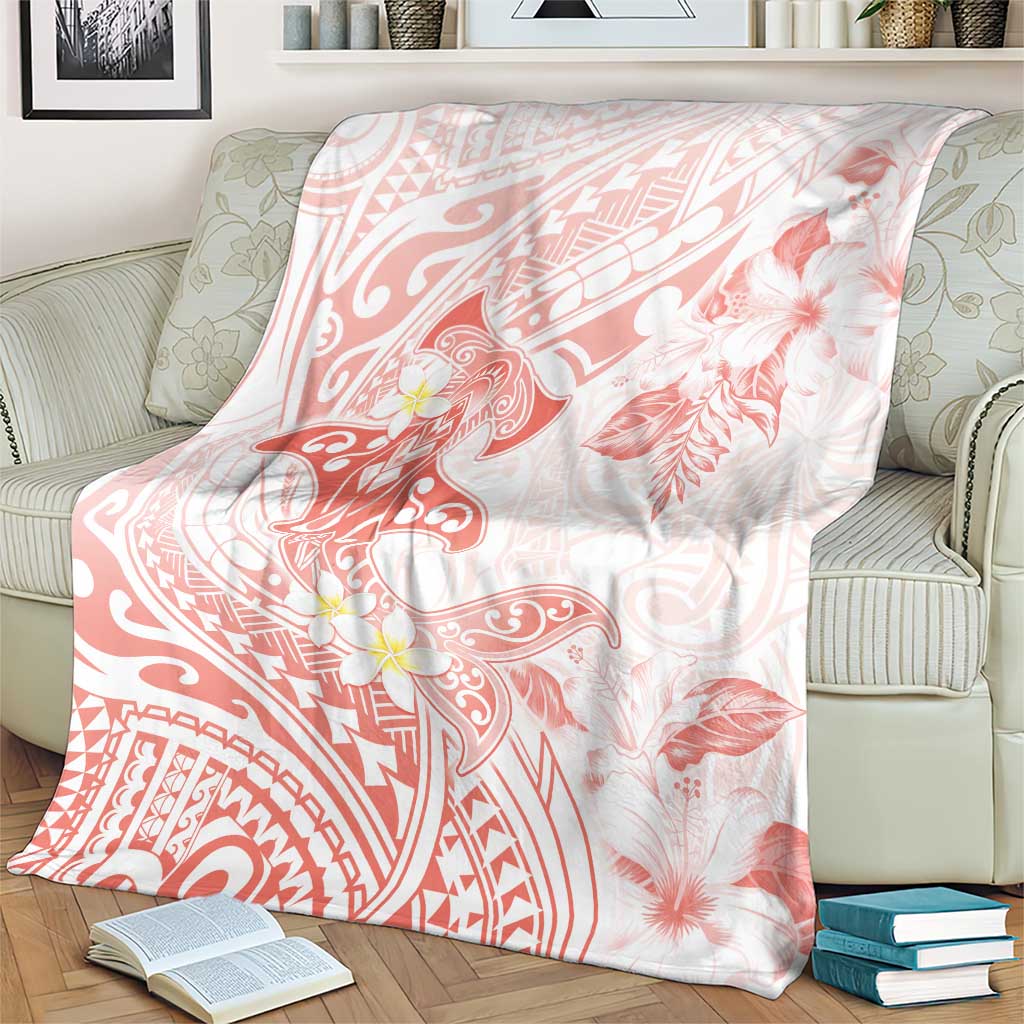 Polynesia Hammerhead Shark Blanket Tropical Flowers Tribal Pattern Peach