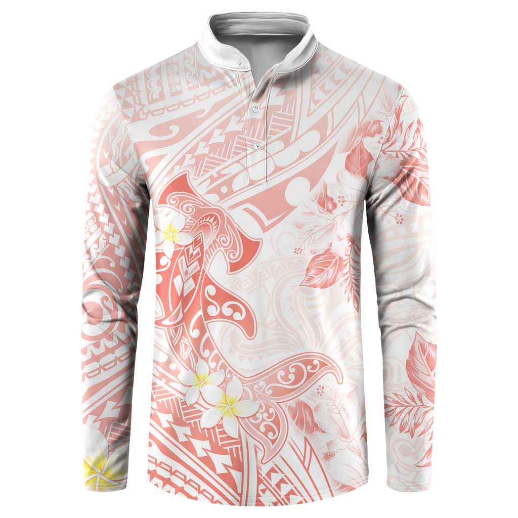 Polynesia Hammerhead Shark Button Sweatshirt Tropical Flowers Tribal Pattern Peach