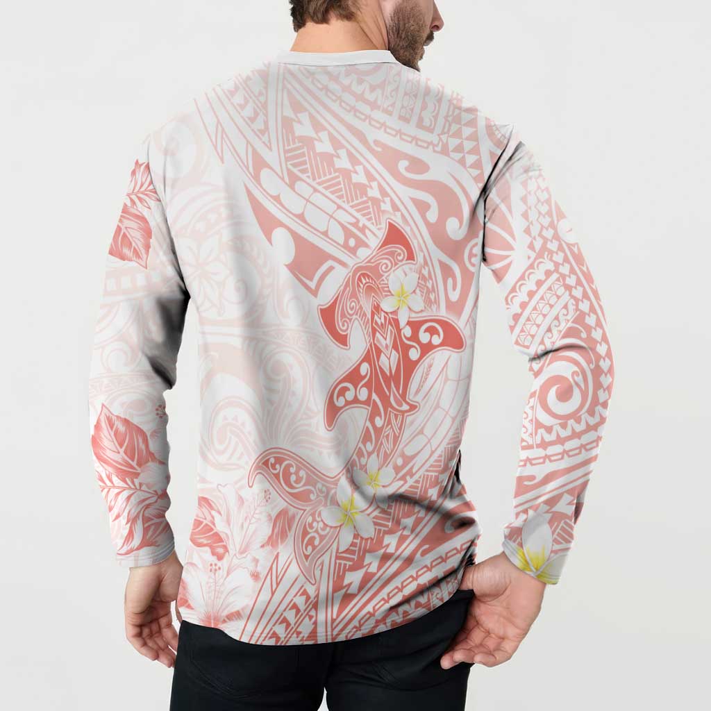 Polynesia Hammerhead Shark Button Sweatshirt Tropical Flowers Tribal Pattern Peach