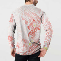 Polynesia Hammerhead Shark Button Sweatshirt Tropical Flowers Tribal Pattern Peach