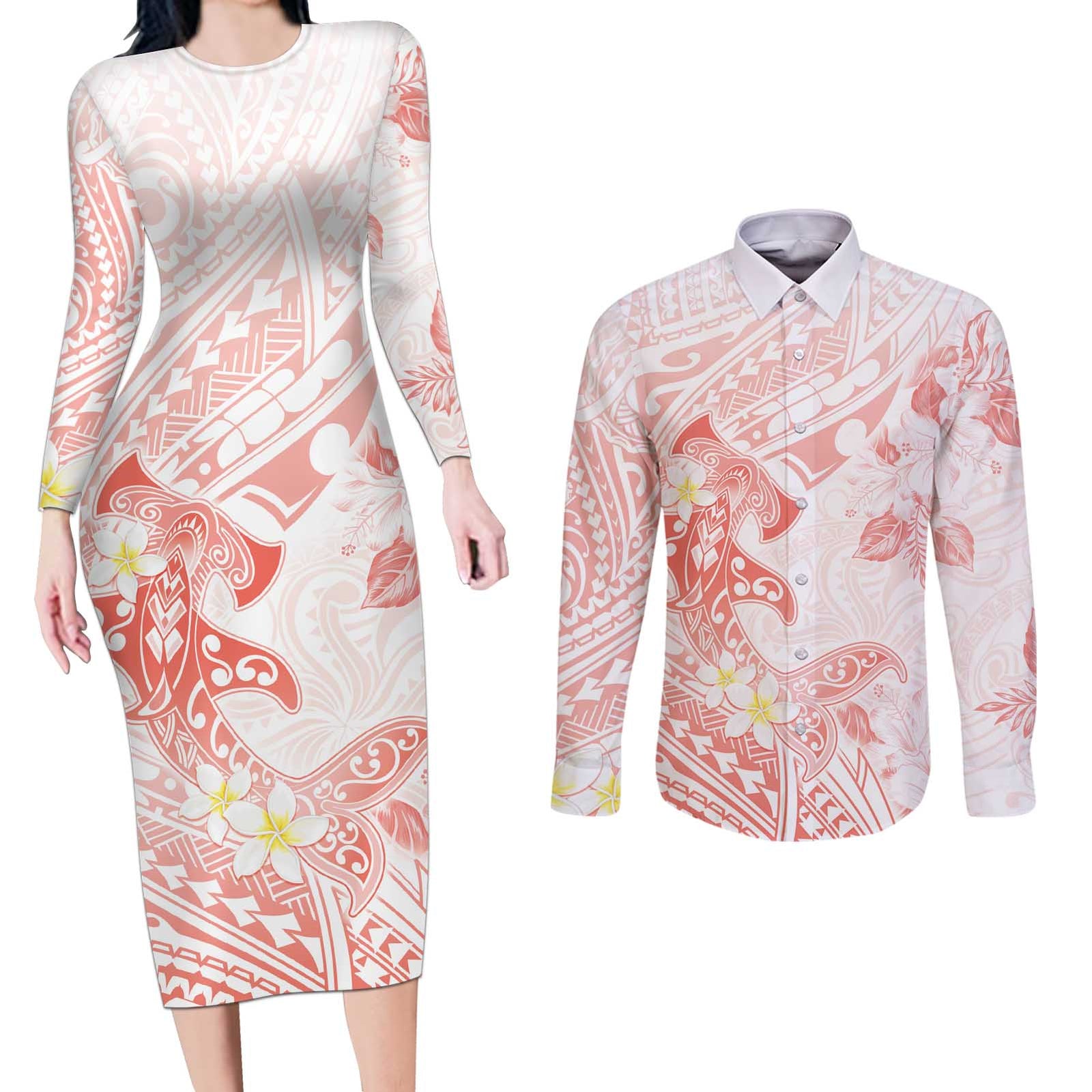 Polynesia Hammerhead Shark Couples Matching Long Sleeve Bodycon Dress and Long Sleeve Button Shirt Tropical Flowers Tribal Pattern Peach