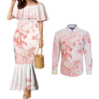 Polynesia Hammerhead Shark Couples Matching Mermaid Dress and Long Sleeve Button Shirt Tropical Flowers Tribal Pattern Peach