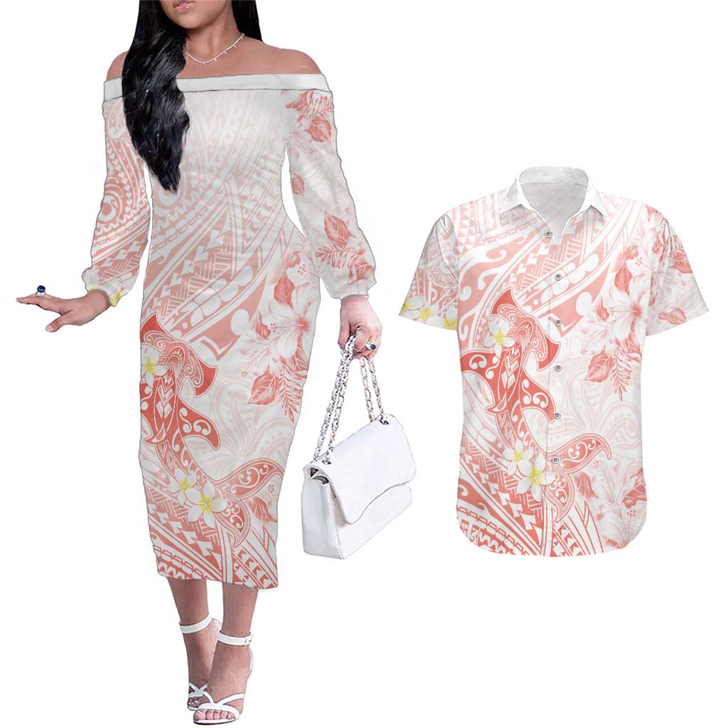Polynesia Hammerhead Shark Couples Matching Off The Shoulder Long Sleeve Dress and Hawaiian Shirt Tropical Flowers Tribal Pattern Peach