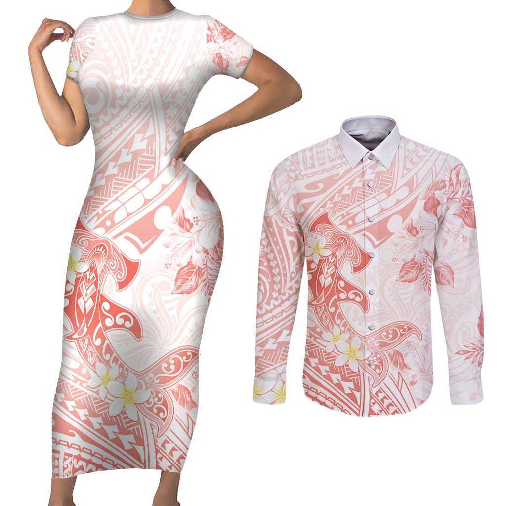 Polynesia Hammerhead Shark Couples Matching Short Sleeve Bodycon Dress and Long Sleeve Button Shirt Tropical Flowers Tribal Pattern Peach